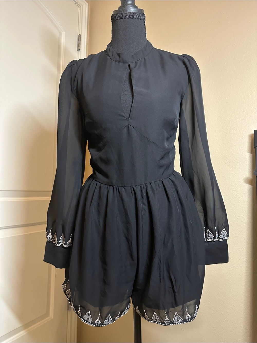 House of Harlow 1960 Black Embroidered Hem Long Sleeve Romper